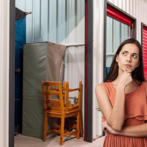 Woman choosing a self storage unit size inside a storage facility hallway