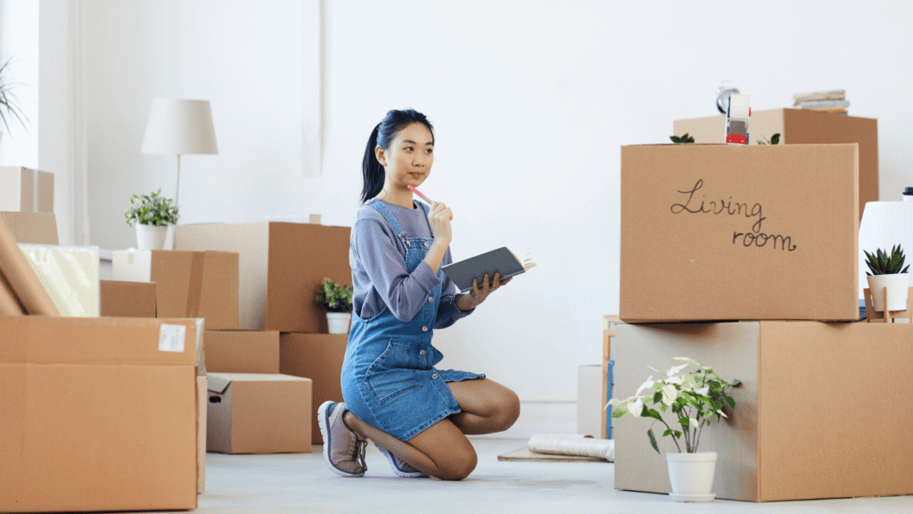 Woman packing boxes at home while planning storage using a storage unit sizes guide