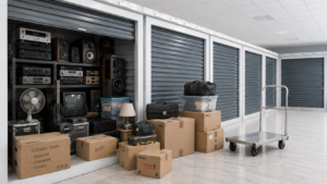 Electronics organized on shelves inside a climate-controlled storage unit at Summerhill Storage