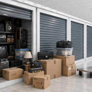 Electronics organized on shelves inside a climate-controlled storage unit at Summerhill Storage