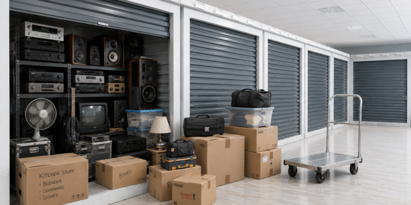Electronics organized on shelves inside a climate-controlled storage unit at Summerhill Storage