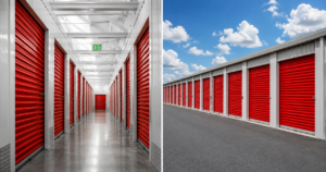 Climate-controlled indoor storage hallway next to outdoor drive-up storage units