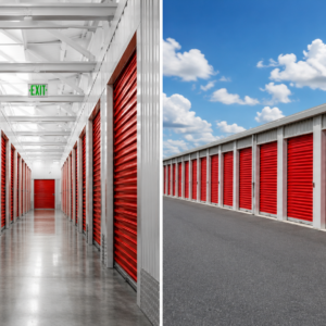 Climate-controlled indoor storage hallway next to outdoor drive-up storage units