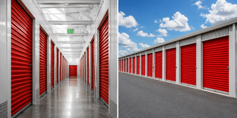Climate-controlled indoor storage hallway next to outdoor drive-up storage units