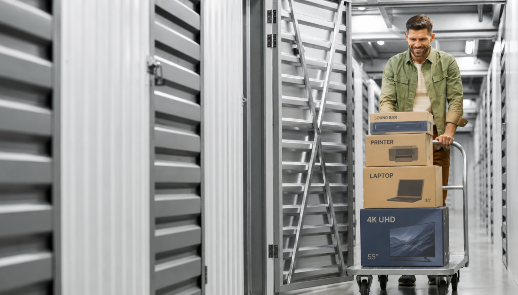 Man moving labeled electronics boxes into a self storage unit