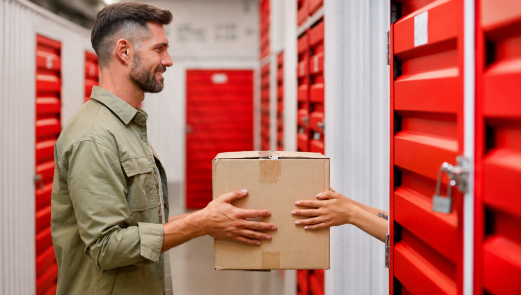 Customer storing a box inside a climate-controlled storage unit